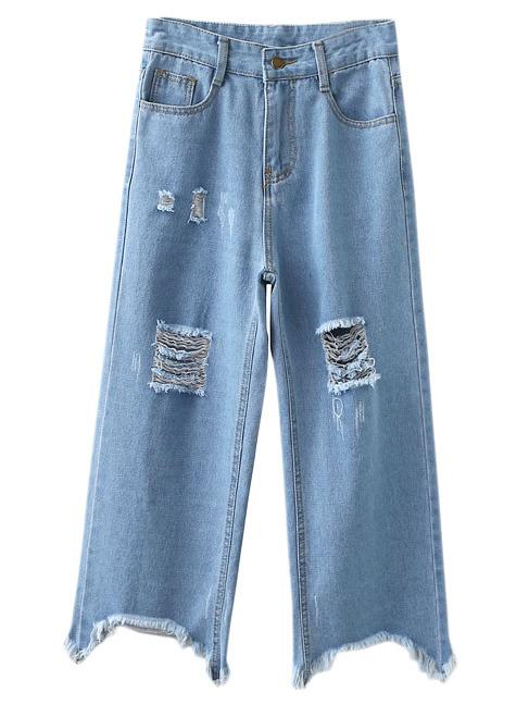 Romwe Blue Pockets Ripped Denim Wide Leg Pants