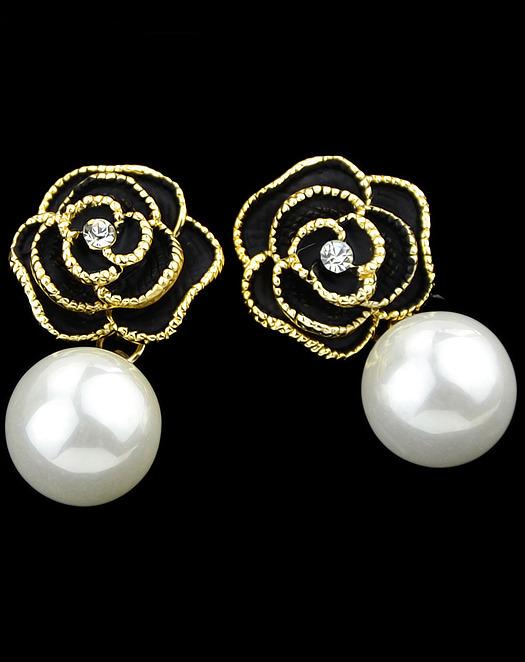 Romwe Black Flower Pearl Gold Dangle Earrings