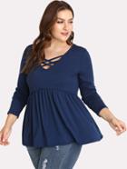 Romwe Crisscross V Neck Smock T-shirt