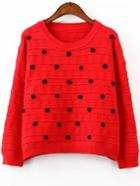 Romwe Round Neck Ball Embellished Red Sweater