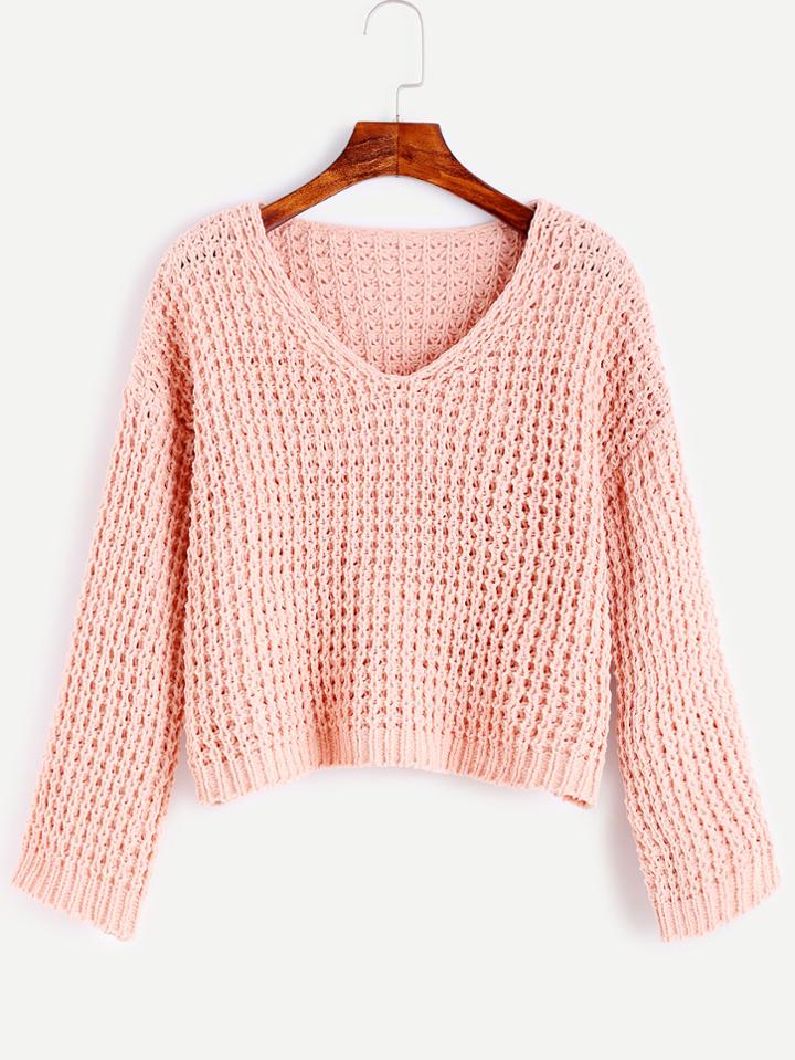 Romwe Pink V Neck Chunky Knit Sweater