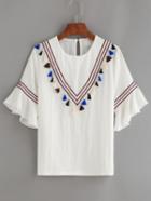 Romwe Woven Tape Embesllished Fringe Ruffle Sleeve Blouse