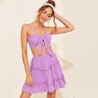 Romwe Tie Front Cami Top And Frill Trim Skirt Set