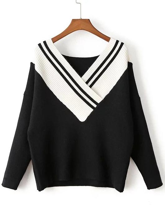 Romwe Contrast V Neck Drop Shoulder Knitwear