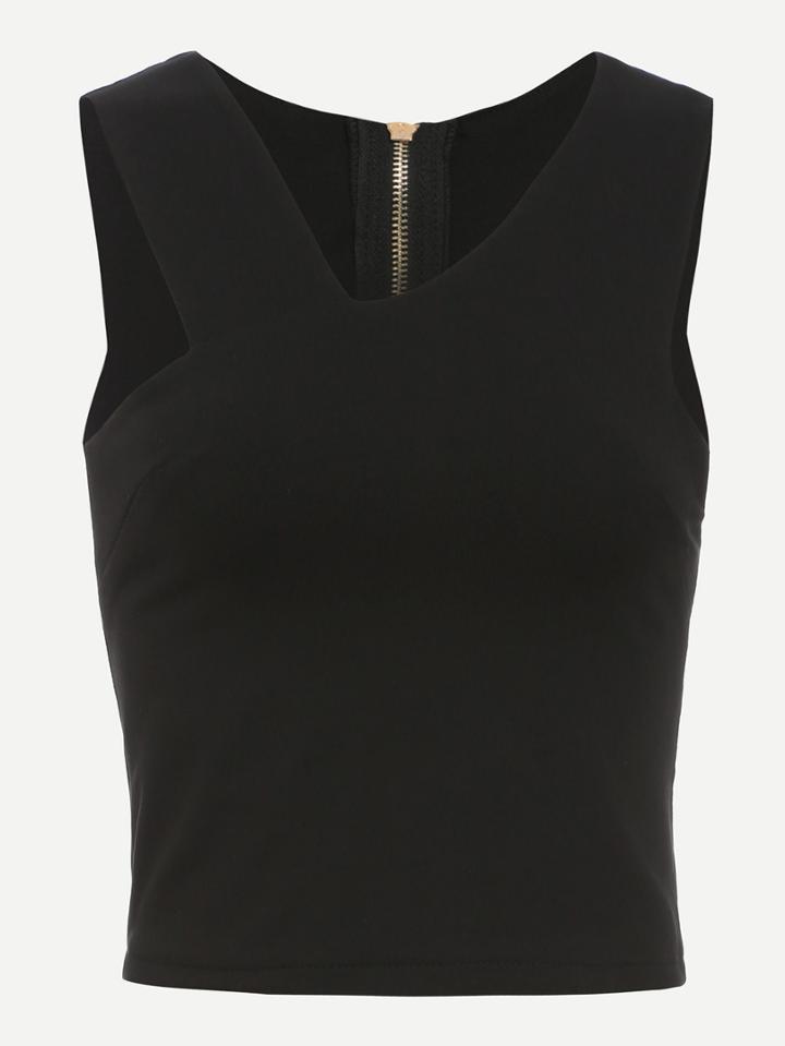 Romwe Black Zip Back Sleeveless Top
