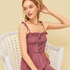 Romwe Lace Up Shirred Solid Cami Playsuit
