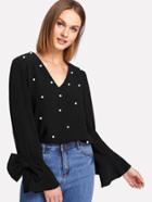 Romwe Bow Embellished Bell Sleeve Pearl Beaded Top