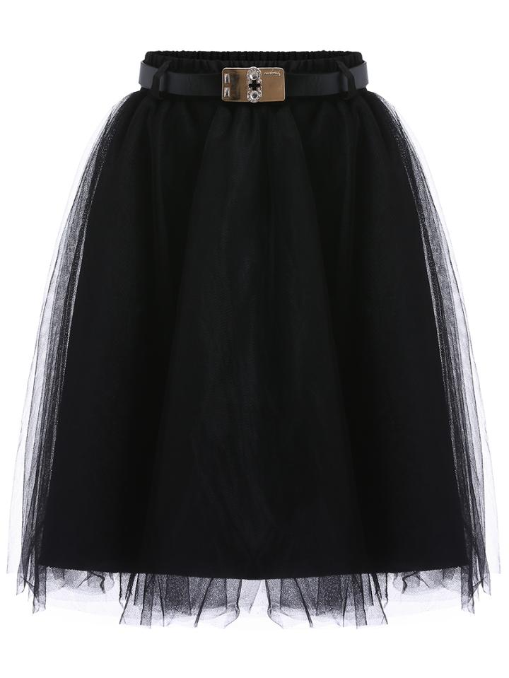 Romwe Belt Mesh Layered Black Skirt