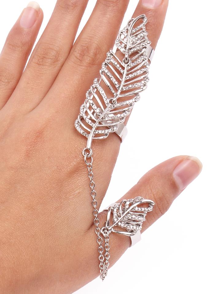 Romwe Silver Hollow Out Leaf Chain Linked Ring