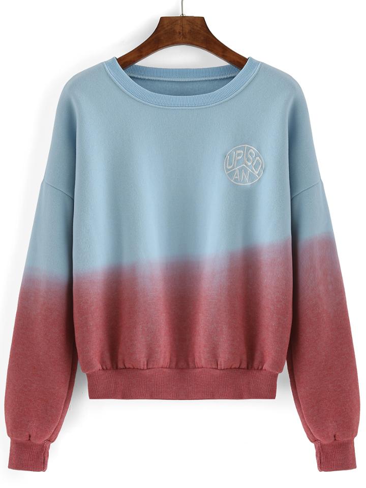 Romwe Letter Embroidered Ombre Loose Sweatshirt
