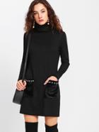 Romwe Pearl Beading Faux Fur Pocket Ribbed Dress