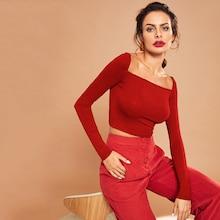 Romwe Square Neck Ribbed Knit Crop Tee
