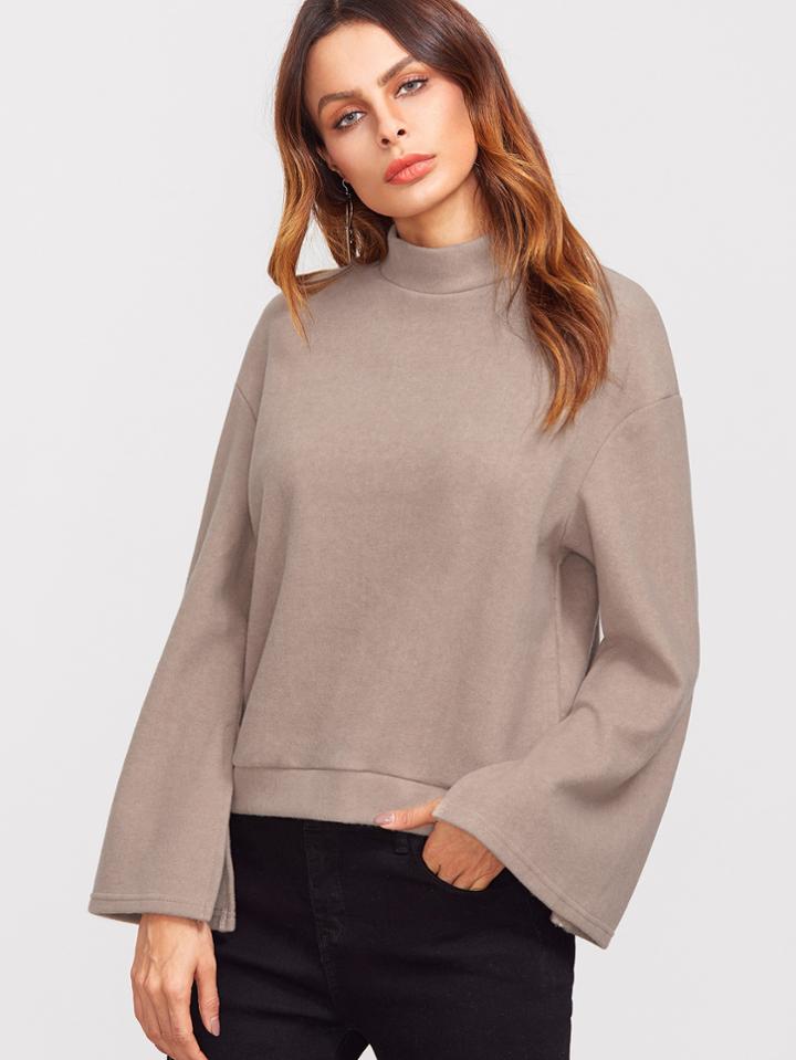 Romwe Khaki Mock Neck Drop Shoulder Split Sleeve Sweatshirt