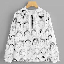 Romwe Drawstring Hoodie Figure Print Jacket