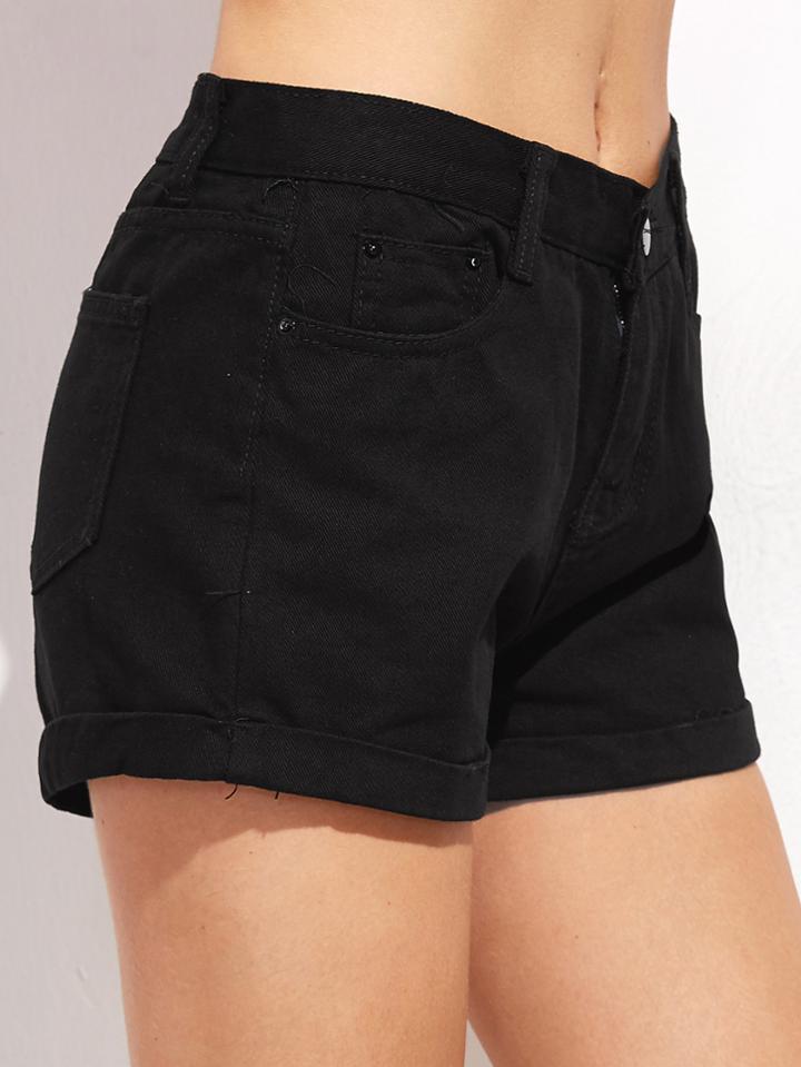 Romwe Black Roll Hem Button Denim Shorts