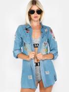 Romwe Distressed Patches Button Up Jacket Denim
