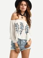 Romwe Off The Shoulder Three Quarter Sleeve Embroidered Top