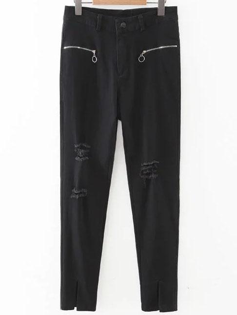 Romwe Black Slit Cuff Ripped Skinny Zipper Pants