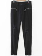 Romwe Black Slit Cuff Ripped Skinny Zipper Pants