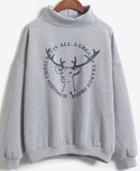 Romwe High Neck Deer Print Grey Sweatshirt