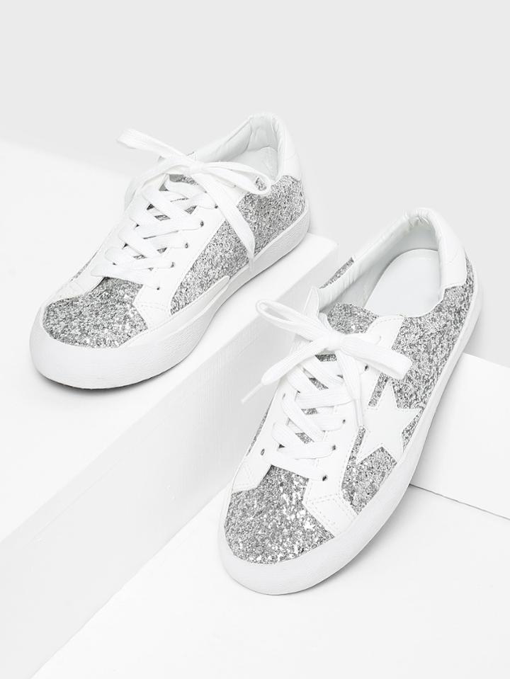 Romwe Star Patch Glitter Lace Up Sneakers