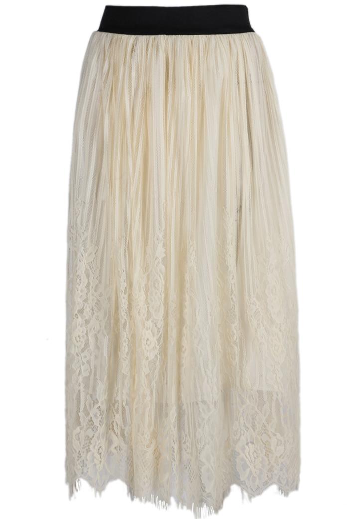 Romwe Lace Mesh Pleated Apricot Skirt