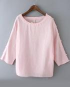 Romwe Pink Round Neck Buttons Loose Blouse