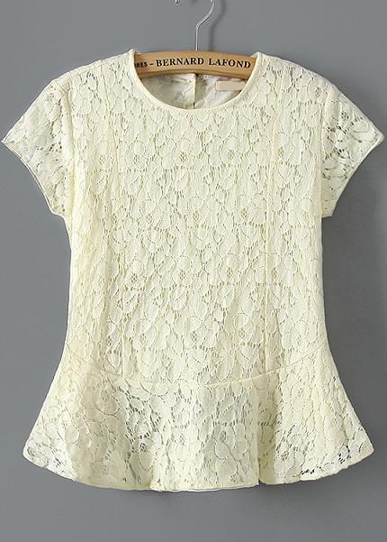 Romwe Short Sleeve Lace Peplum Hem Beige Top