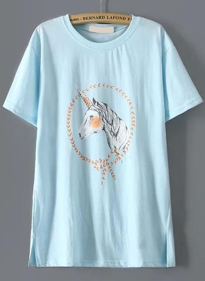 Romwe Side Split Horse Print Blue T-shirt