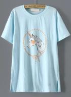 Romwe Side Split Horse Print Blue T-shirt