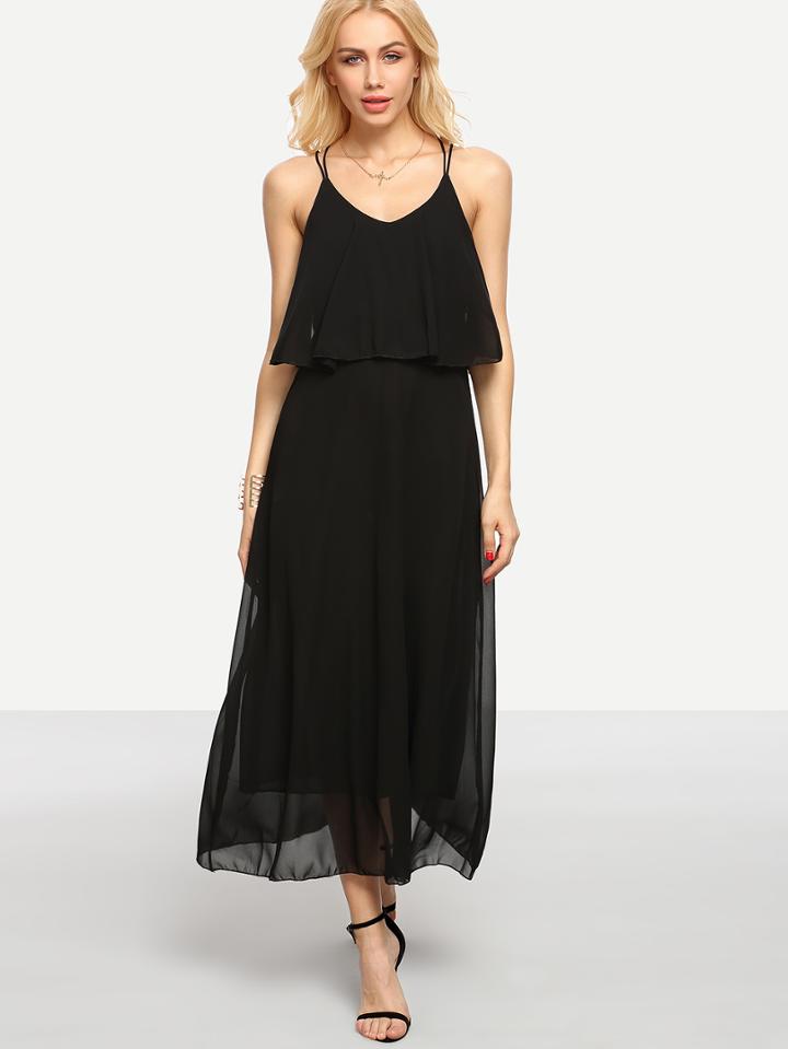 Romwe Crisscross Layered Chiffon Cami Dress - Black