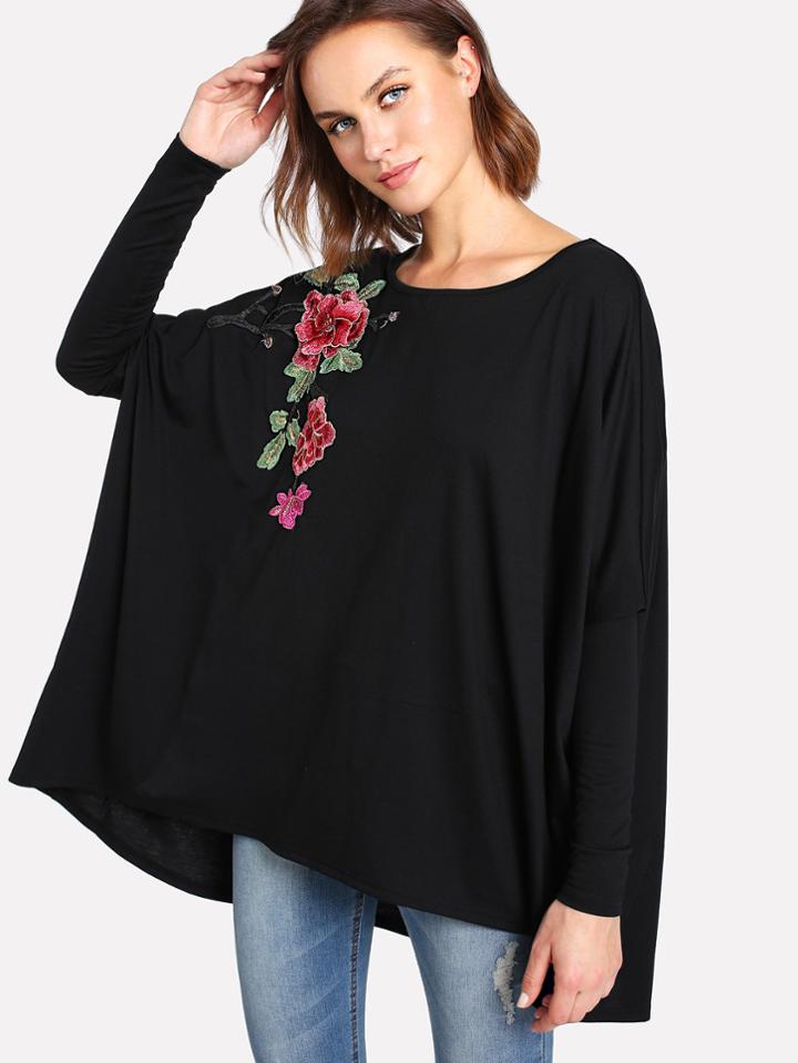 Romwe Flower Applique Dolman Sleeve Tee