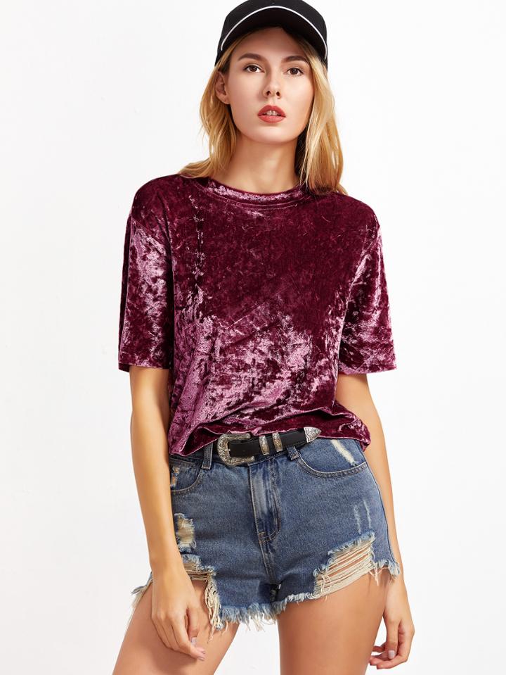 Romwe Burgundy Short Sleeve Crushed Velvet T-shirt