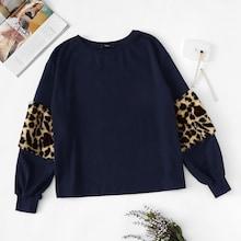 Romwe Leopard Panel Lantern Sleeve Pullover