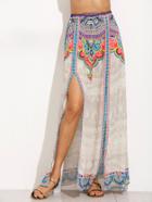 Romwe Tribal Print Slit Elastic Waist Skirt