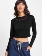 Romwe Rose Embroidered Ribbed Crop Knit Tee