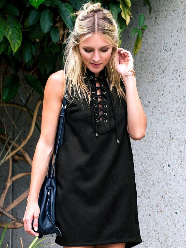 Romwe Black Sleeveless Lace Up A Line Dress