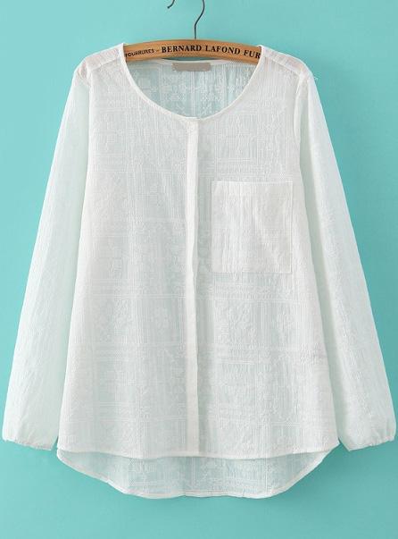 Romwe Dip Hem With Pocket Embroidered White Top