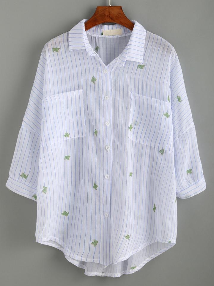 Romwe Vertical Striped High Low Cactus Embroidered Shirt