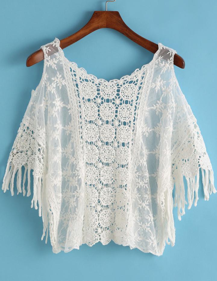 Romwe Open Shoulder Crochet Tassel Top
