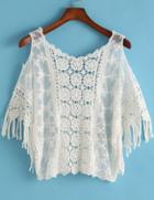 Romwe Open Shoulder Crochet Tassel Top