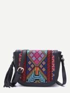 Romwe Black Tribal Print Tassel Trim Flap Shoulder Bag