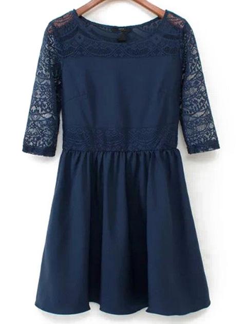 Romwe Lace Half Sleeve Pleated Dress
