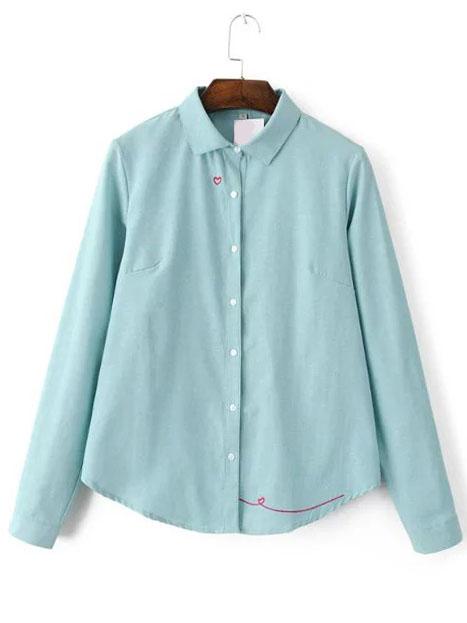 Romwe Heart Embroidery Blue Blouse