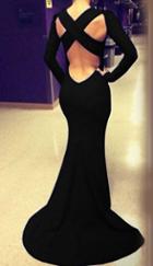 Romwe Cross Backless Maxi Black Dress