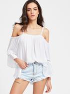 Romwe White Cold Shoulder Hollow Out Pleated Blouse