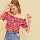 Romwe Shirred Ruffle Trim Ditsy Floral Print Lace-up Crop Blouse