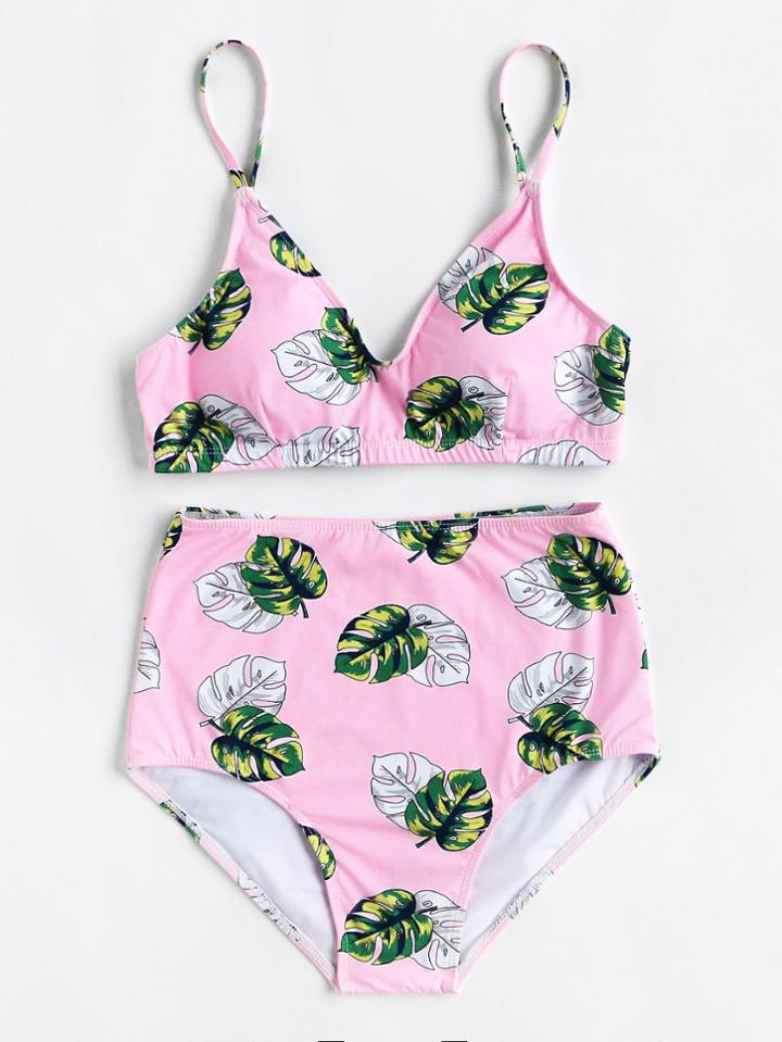 Romwe Palm Print High Rise Bikini Set