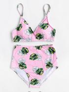 Romwe Palm Print High Rise Bikini Set