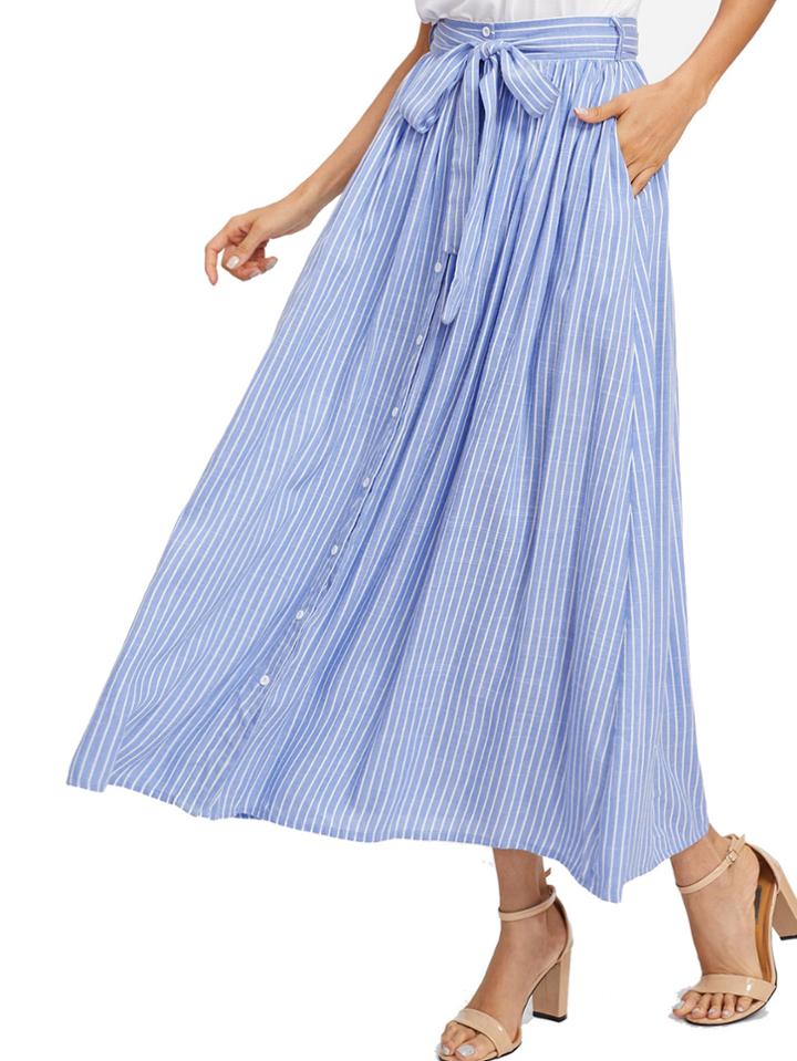 Romwe Self Tie Hidden Pocket Detail Button Up Pinstripe Skirt